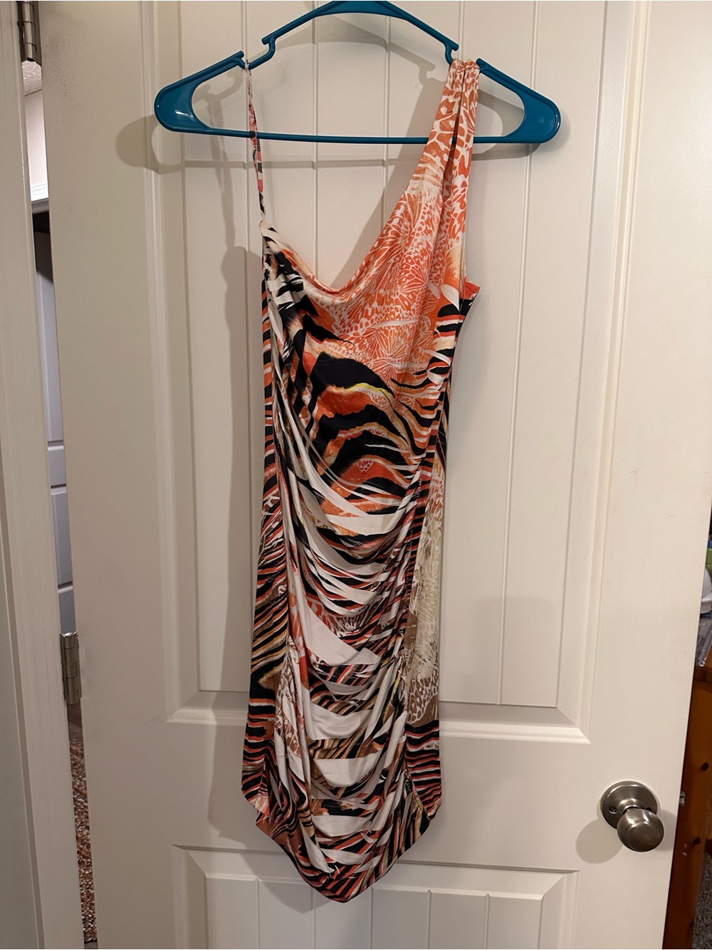 Dots One-Shoulder Animal Print Dress in Orange, Black and White
